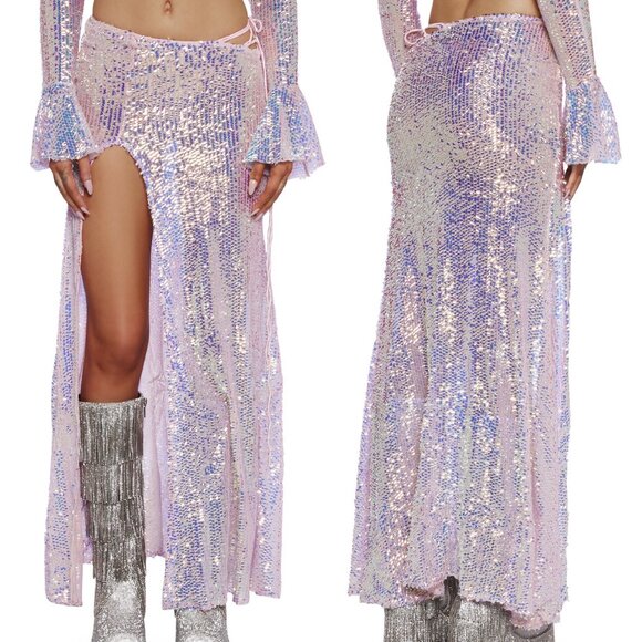 DollsKill Club Exx Rave Set Bra Shrug Skirt Purple Pink Sequin Fairy Mermaid - Picture 6 of 7